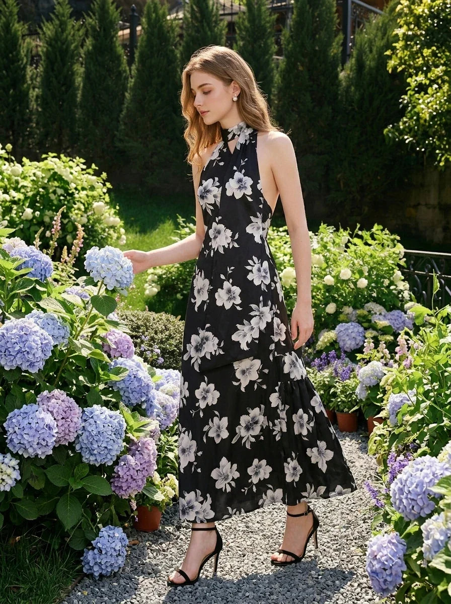 Halter Midi Dress with Drape Scarf in Black Floral
