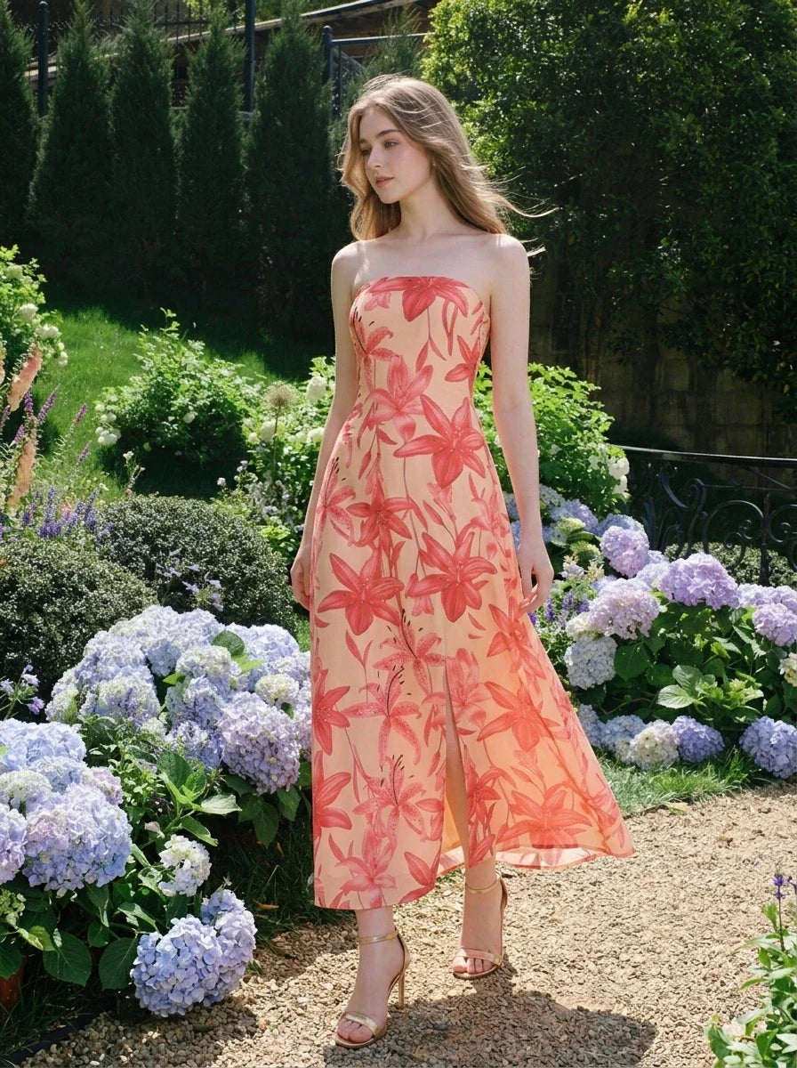 Strapless Floral Maxi Dress in Peach and Coral