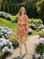 Rust Floral V-Neck Ruffle Long Sleeve Mini Dress