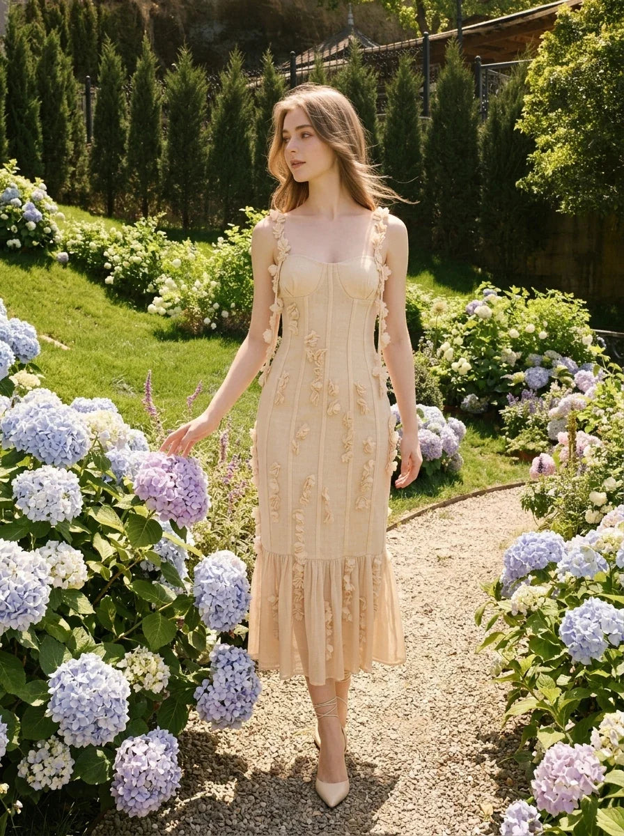 Beige 3D Floral Applique Sweetheart Midi Dress