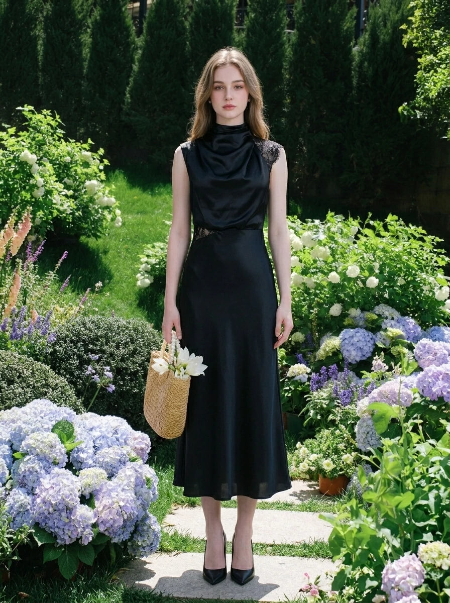 Black Lace Detail Asymmetric Maxi Dress