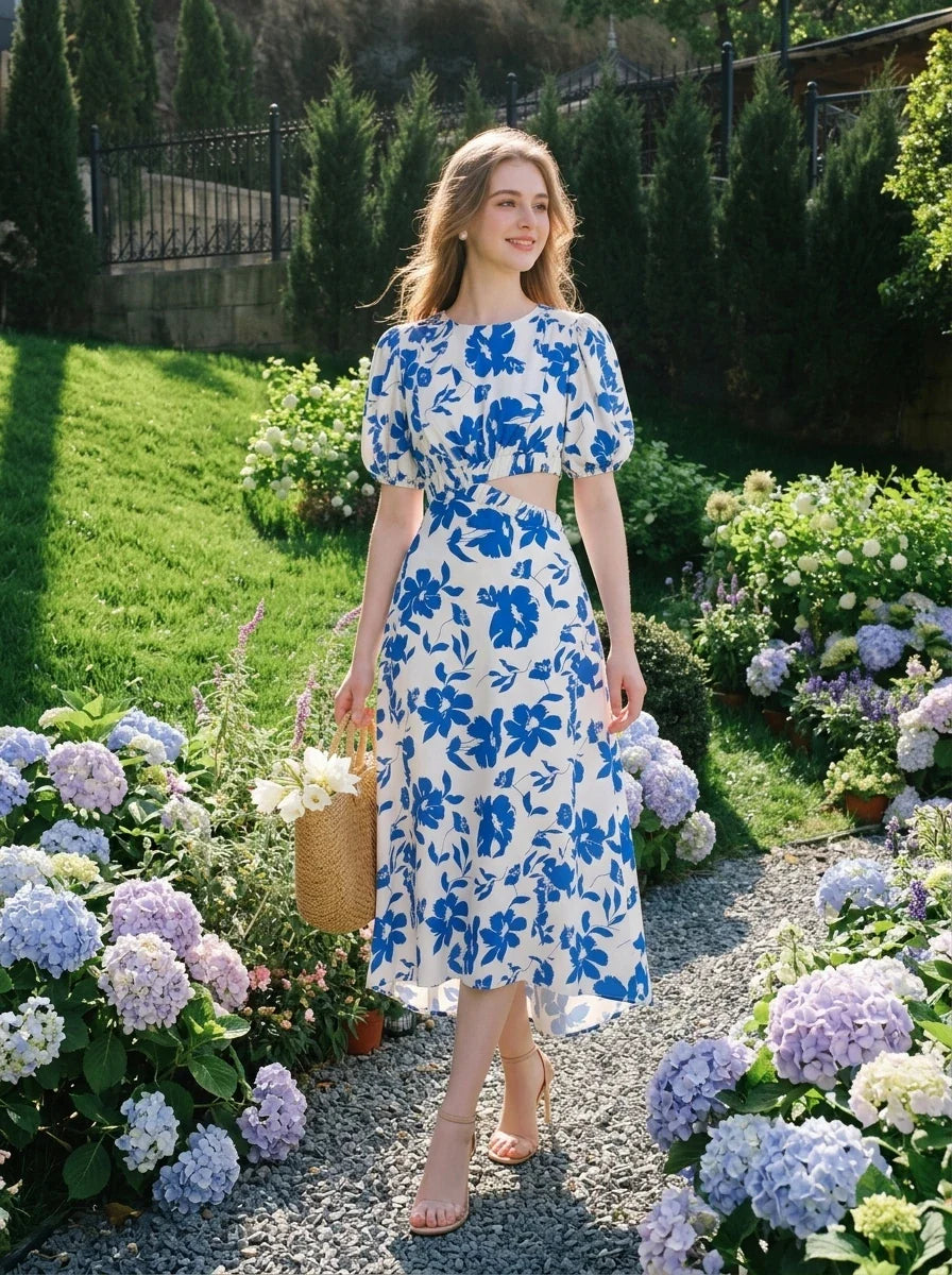 Blue Floral Cut-Out High-Low Maxi Dress