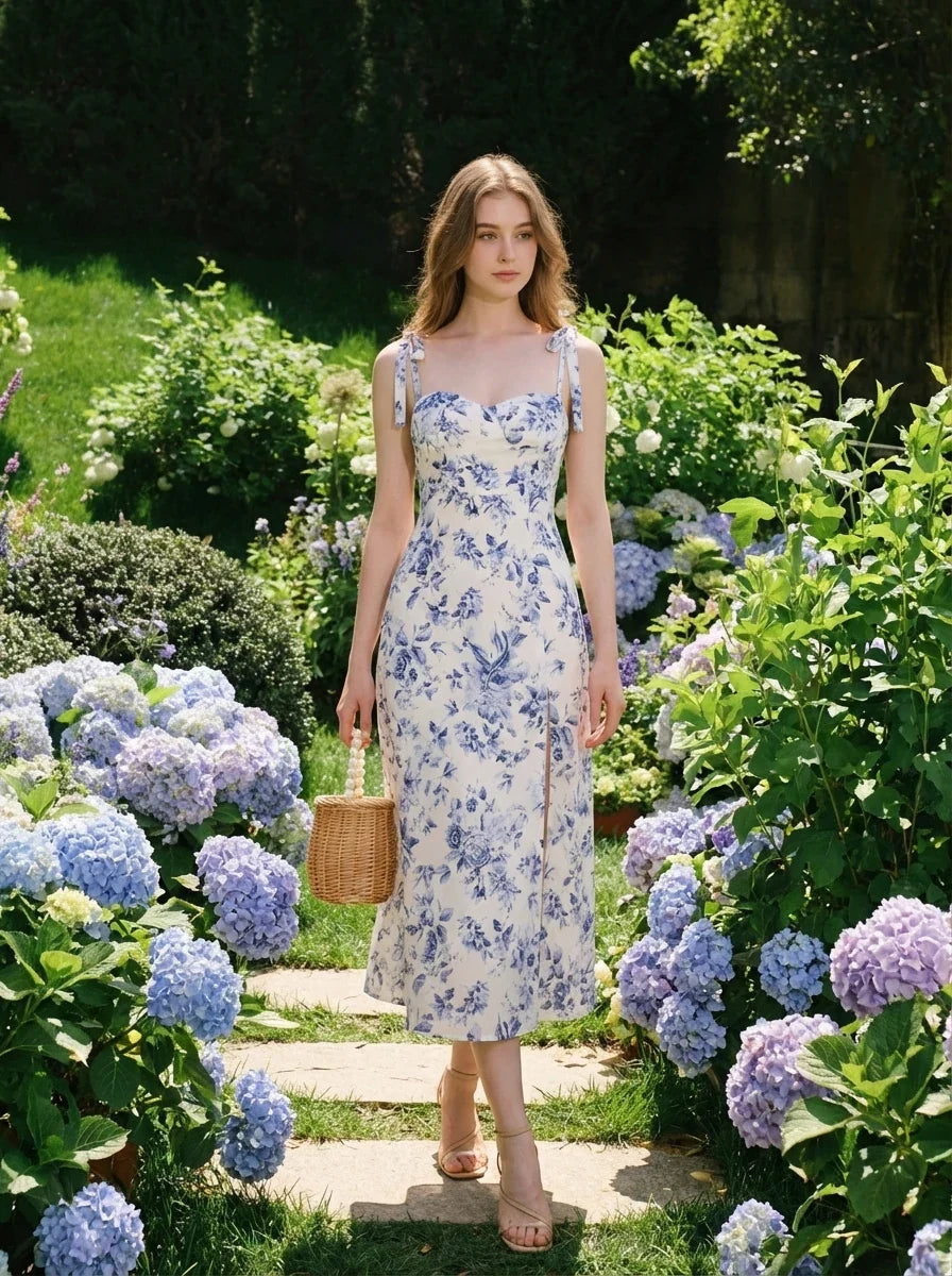 Blue Floral Tie-Strap Midi Dress with Split