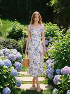 Blue Floral Tie-Strap Midi Dress with Split