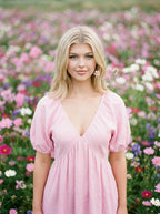 Pink Cotton Puff Sleeve V-Neck Maxi Dress