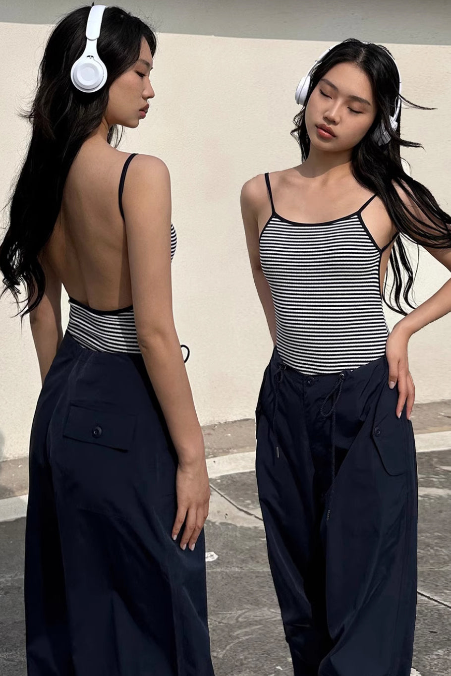 Striped Print Backless Jumpsuit Main image