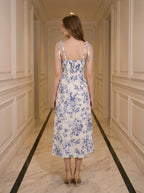 Blue Floral Tie-Strap Midi Dress with Split