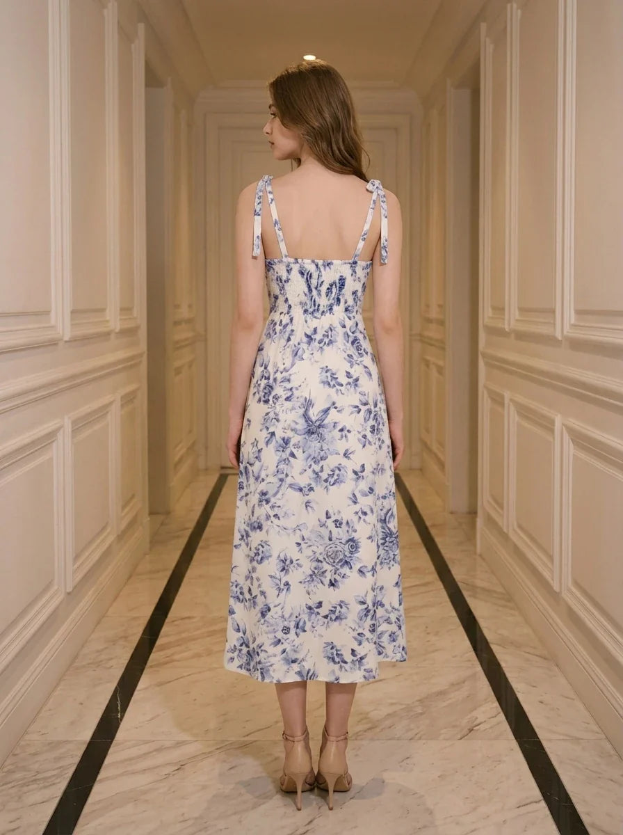 Blue Floral Tie-Strap Midi Dress with Split