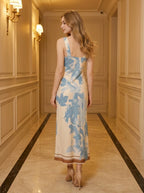 Floral V-Neck Maxi Dress in Cream and Blue