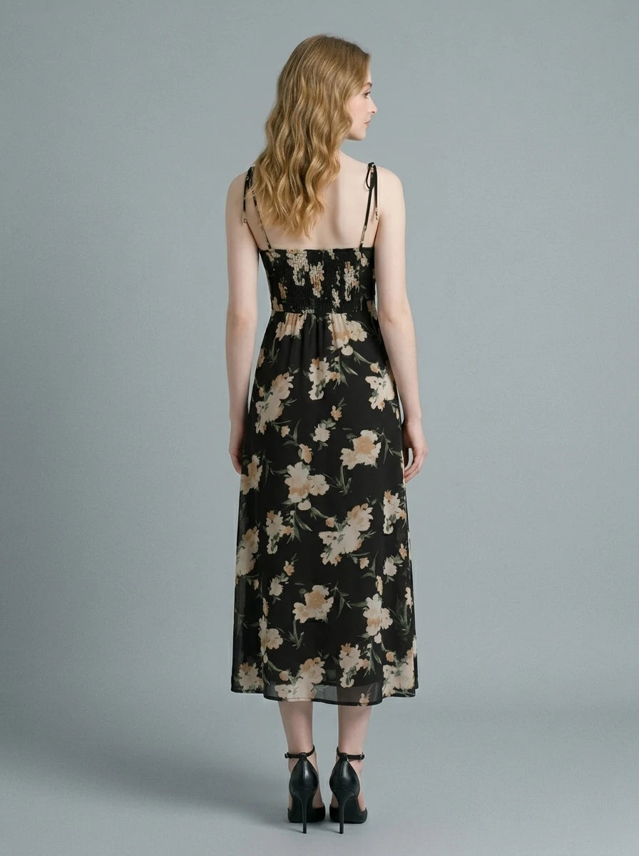 Black Floral Tie Strap Front Split Midi Dress Secondary image