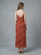 Rust Tiered Ruffle V-Neck Maxi Dress