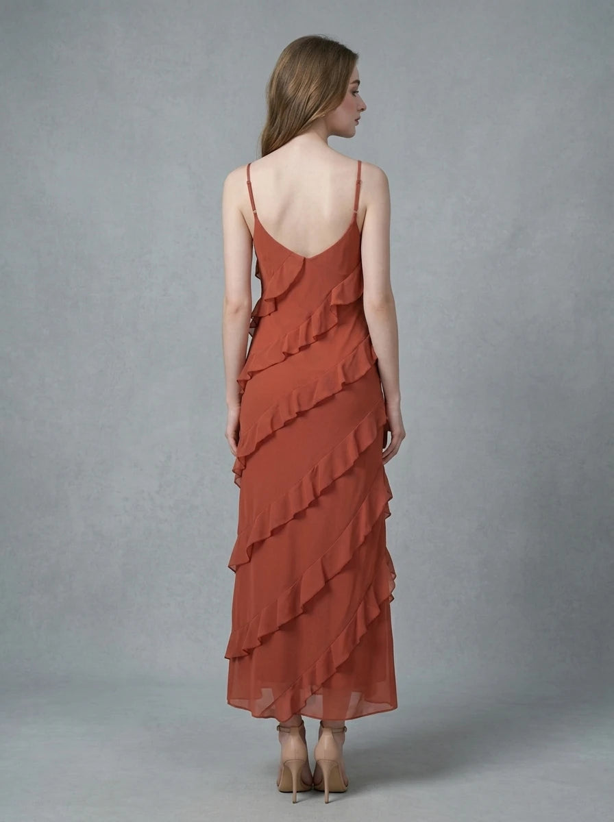 Rust Tiered Ruffle V-Neck Maxi Dress
