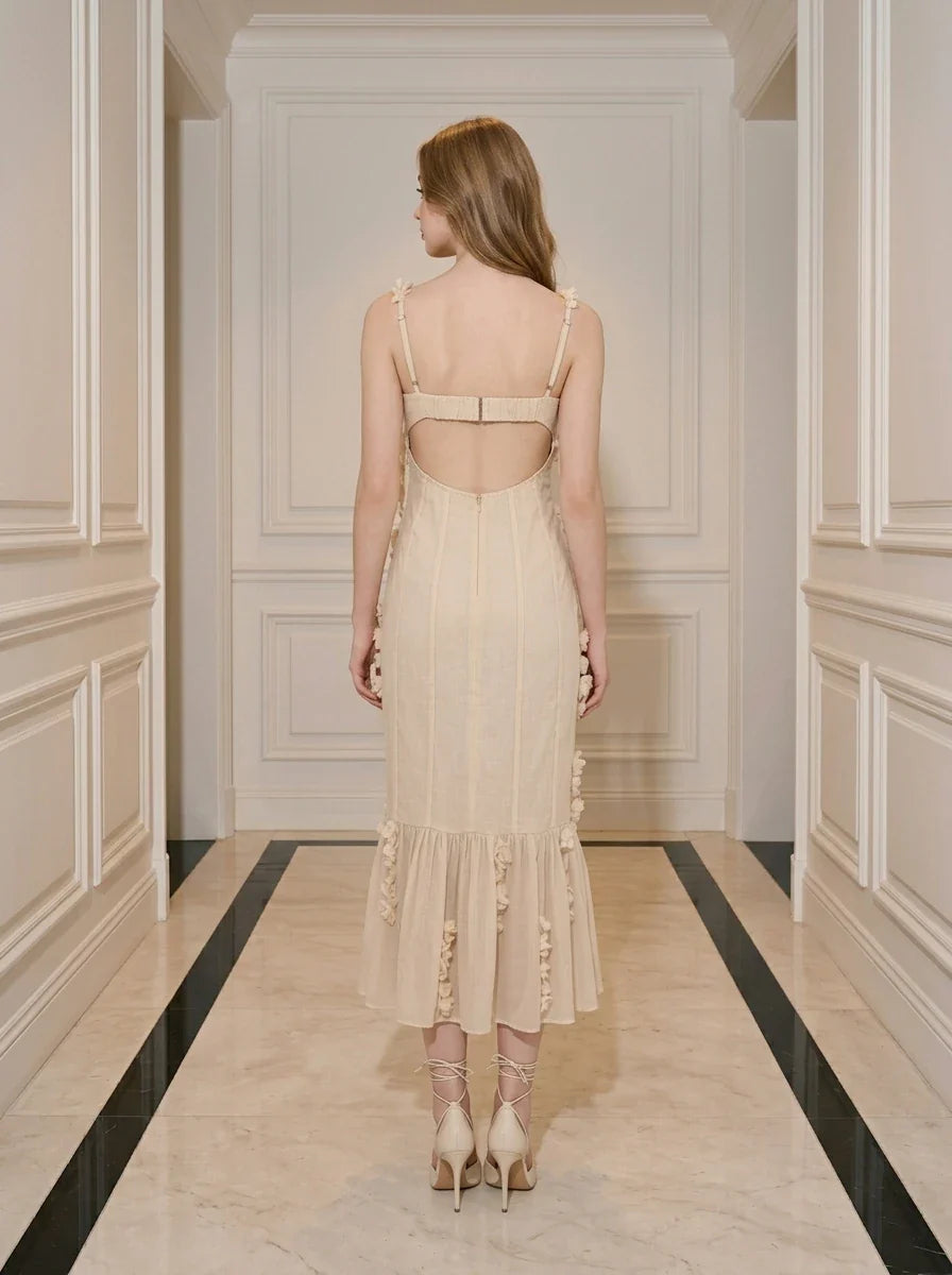 Beige 3D Floral Applique Sweetheart Midi Dress Secondary image