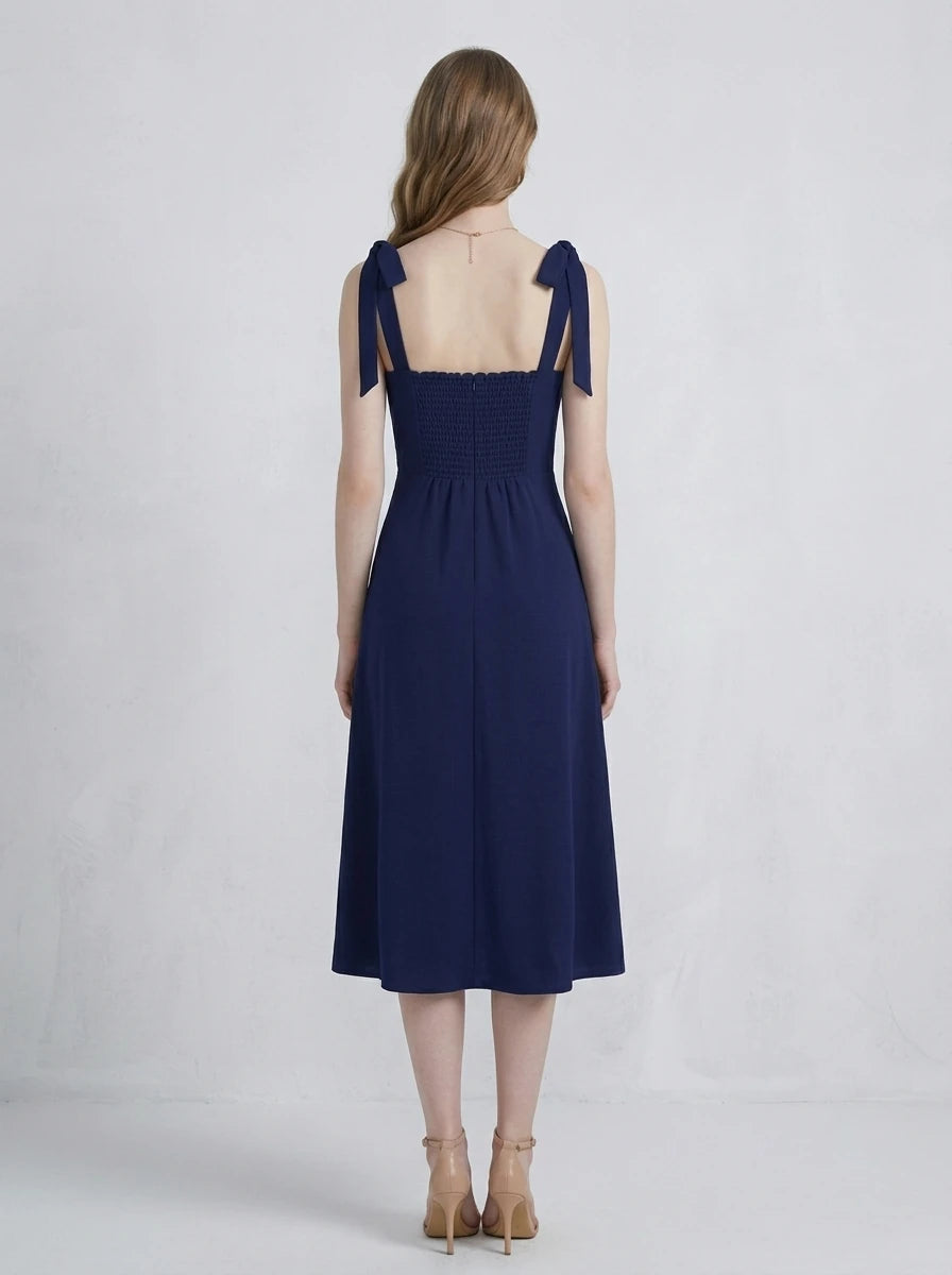Navy Blue Tie Strap Midi Dress with Front Split Secondary image