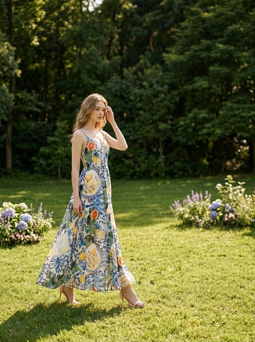 Blue Majolica & Lemon Print Cami Maxi Dress