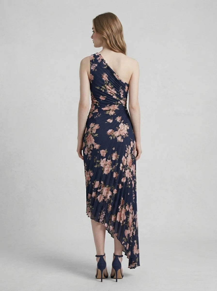 Navy Floral One Shoulder Pleated Maxi Dress Secondary image