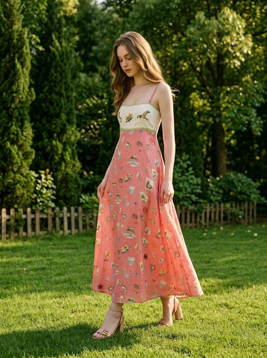 Pink Eclectic Print Spaghetti Strap Maxi Dress
