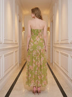 Green Floral Strapless Maxi Dress with Split