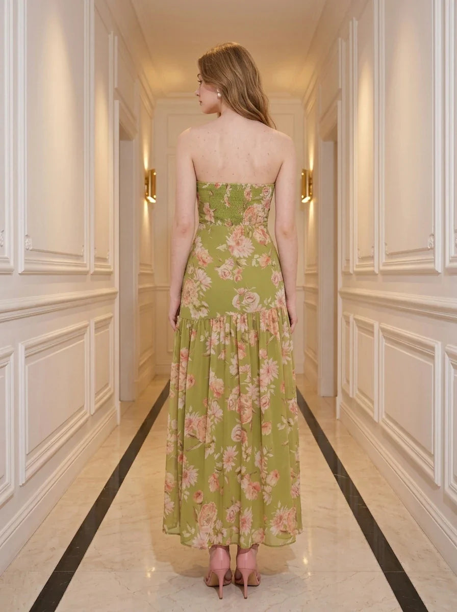 Green Floral Strapless Maxi Dress with Split