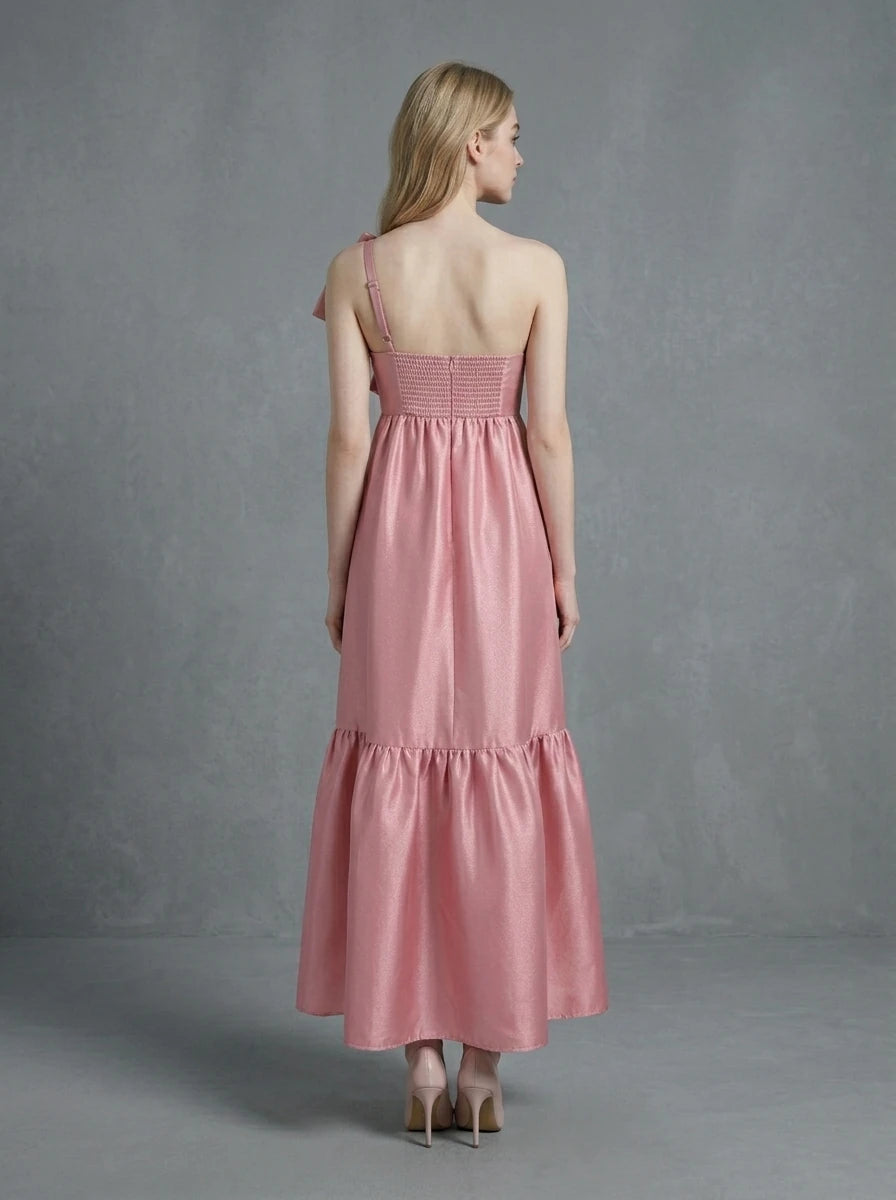 Pink Bow One Shoulder Tiered Maxi Dress Secondary image