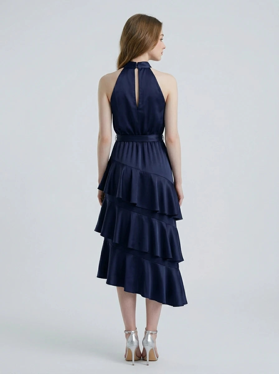 Navy Satin Tiered Ruffle Midi Dress Secondary image