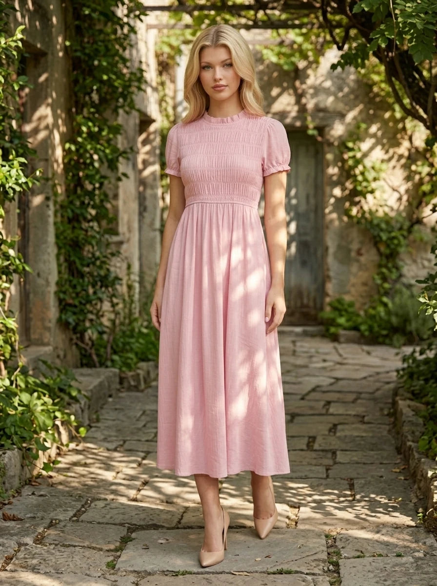 Smocked Linen Blend Short Sleeve Maxi Dress - Pink