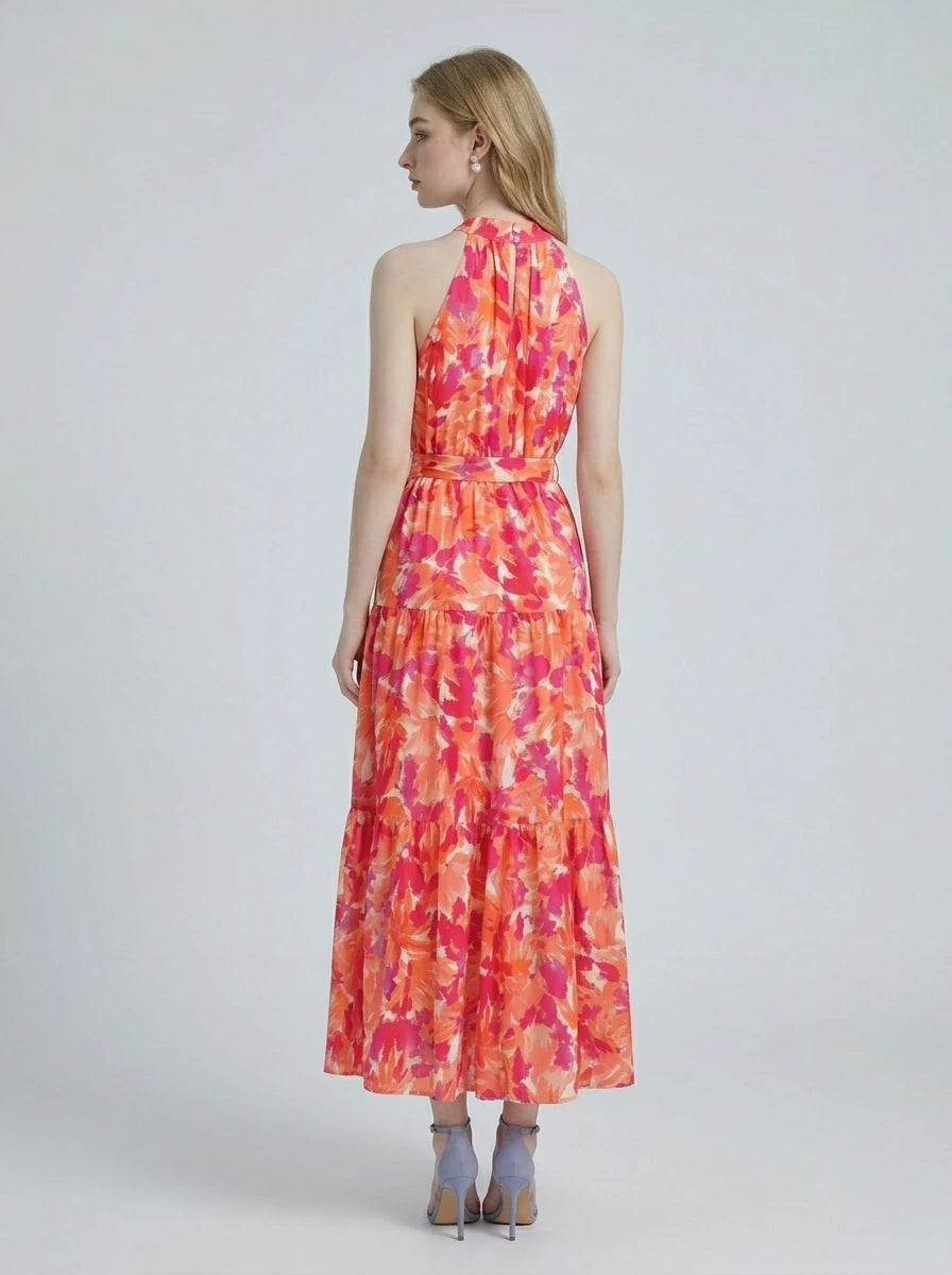 Halter Neck Tiered Floral Maxi Dress - Orange Secondary image