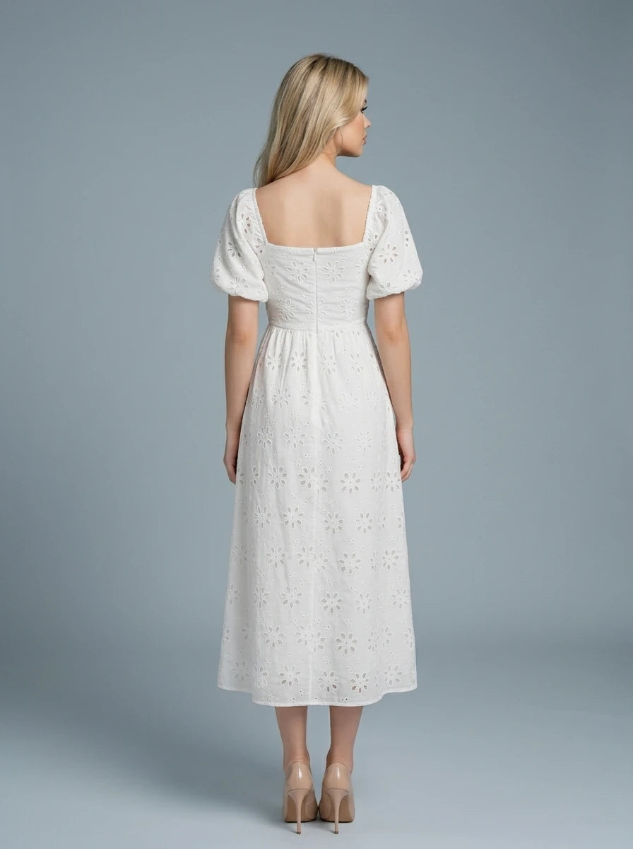 Broderie Floral Puff Sleeve Midi Dress - White Secondary image