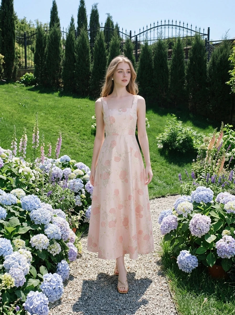 Floral Square Neck Jacquard Midi Dress - Pink