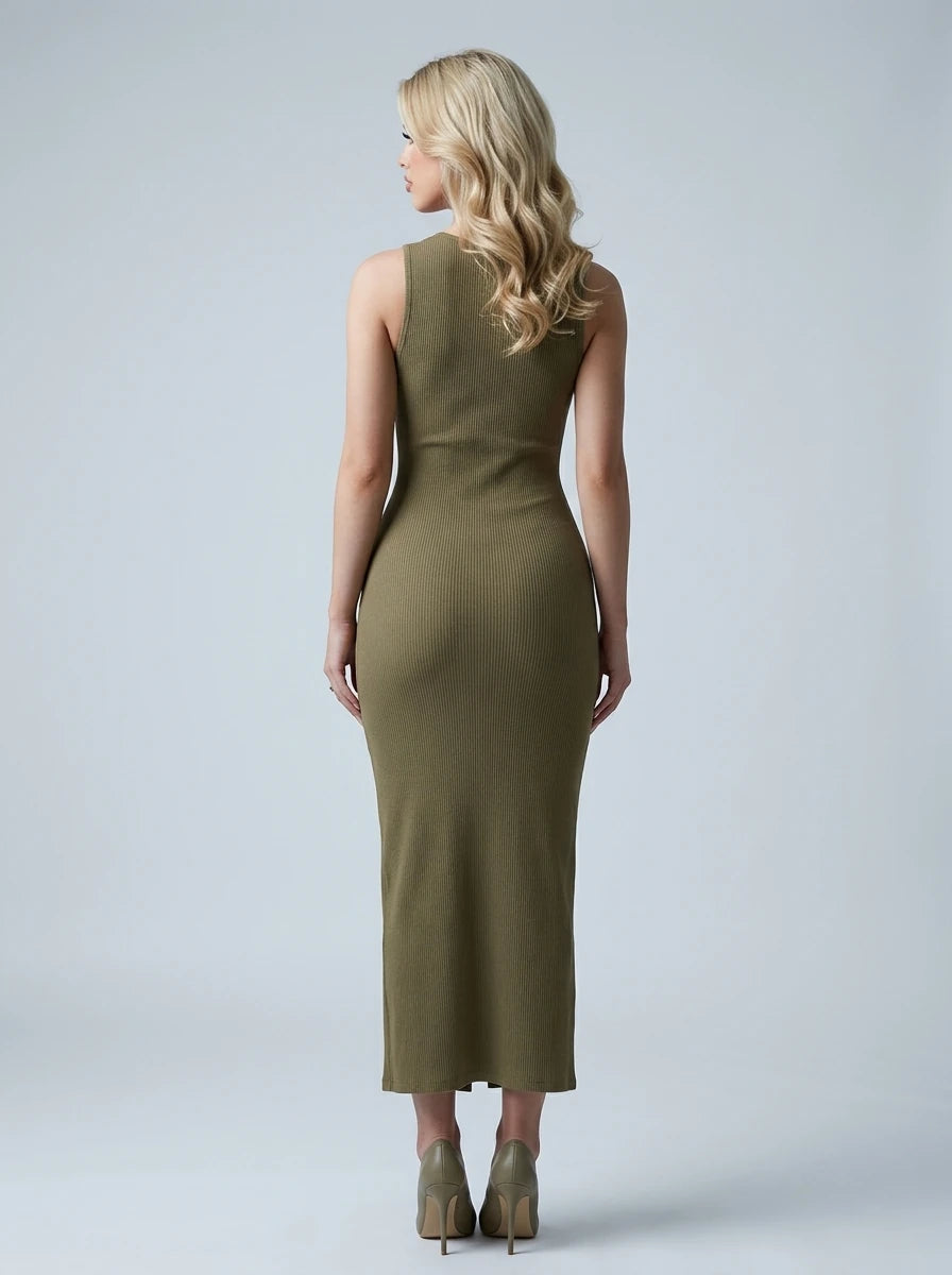 Ribbed Knit Button Front Maxi Dress - Olive