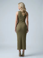 Ribbed Knit Button Front Maxi Dress - Olive