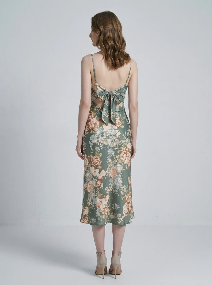 Green Floral Cowl Neck Satin Midi Dress Secondary image