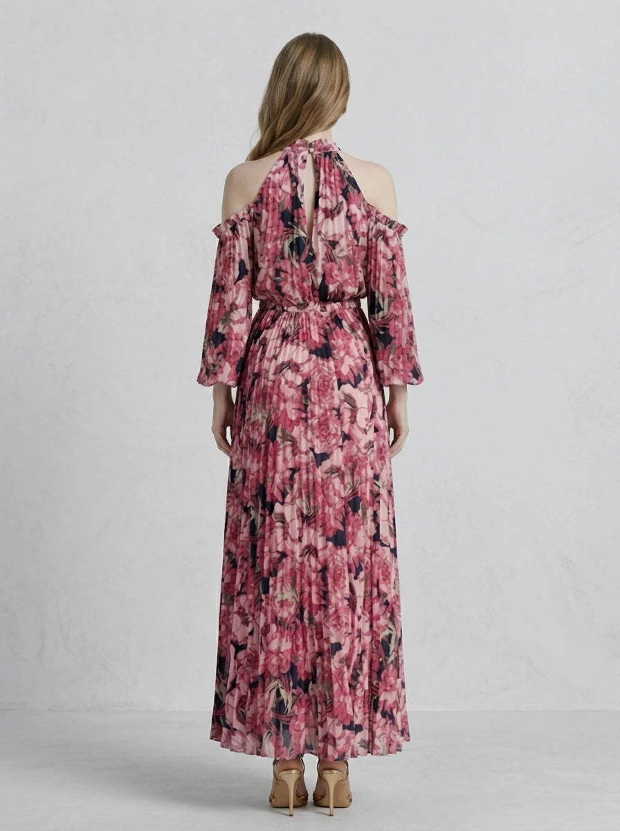 Pink Floral Pleated Off-Shoulder Maxi Dress Secondary image