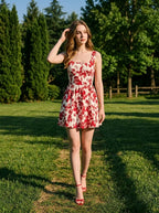Red Floral Square Neck Skater Mini Dress