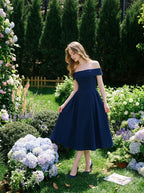 Navy Off-the-Shoulder Pleated Midi Cocktail Dress