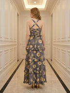 Charcoal Purple Rose Tiered Lace-Up Maxi Dress