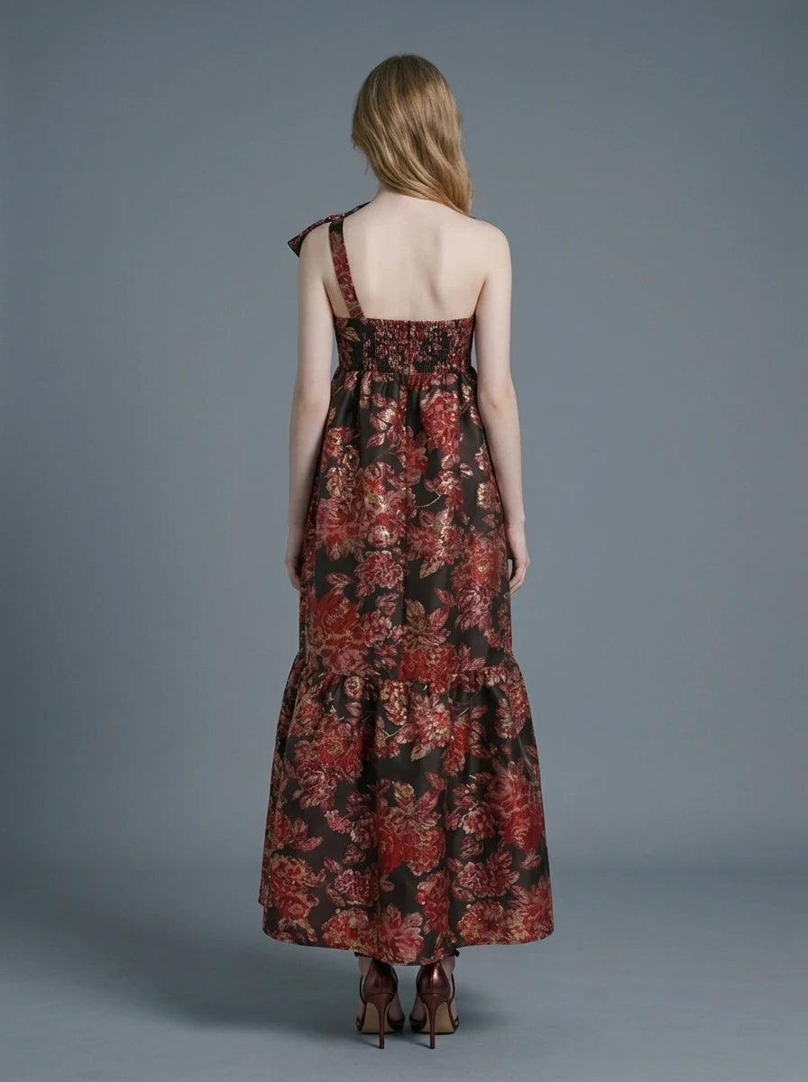 Red Floral Gold Metallic One Shoulder Maxi Dress Secondary image