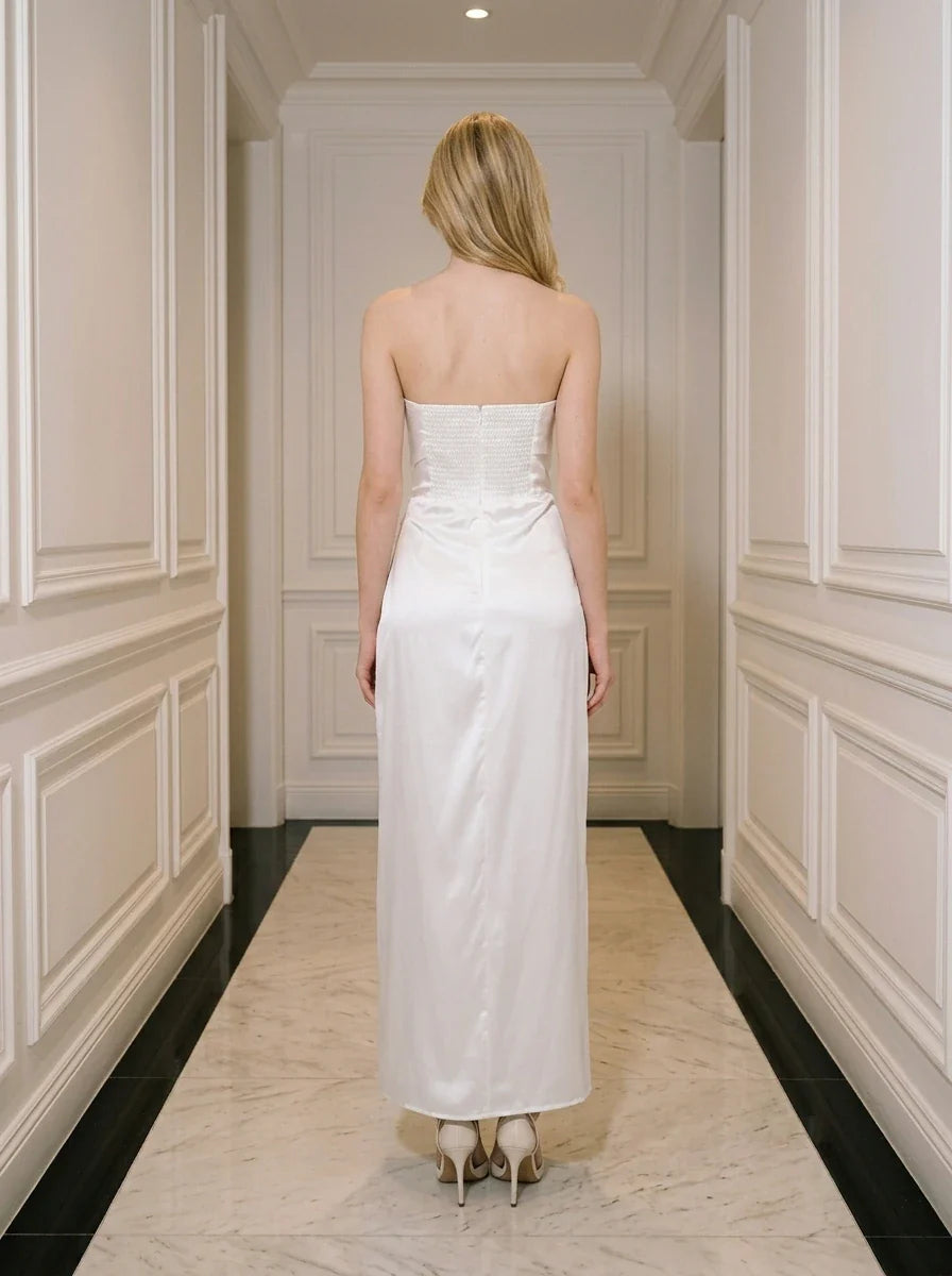 White Strapless Satin Maxi Dress with Split Secondary image