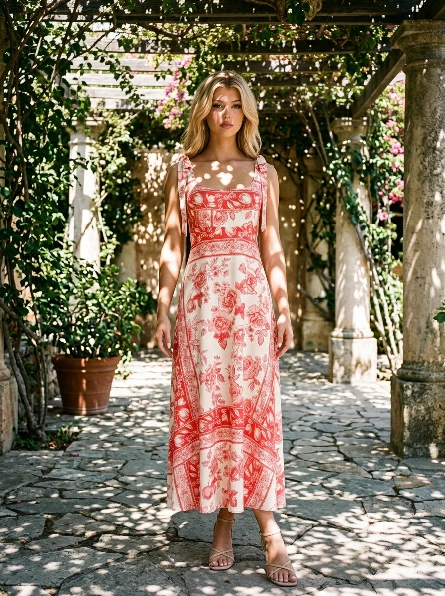 Red Floral Tie Strap Linen Maxi Dress Cream