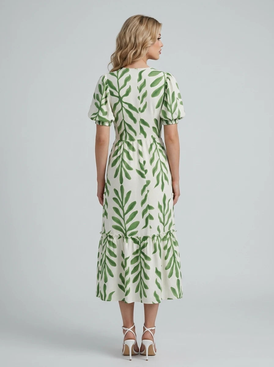 Green Palm Print Puff Sleeve Midi Dress Secondary image