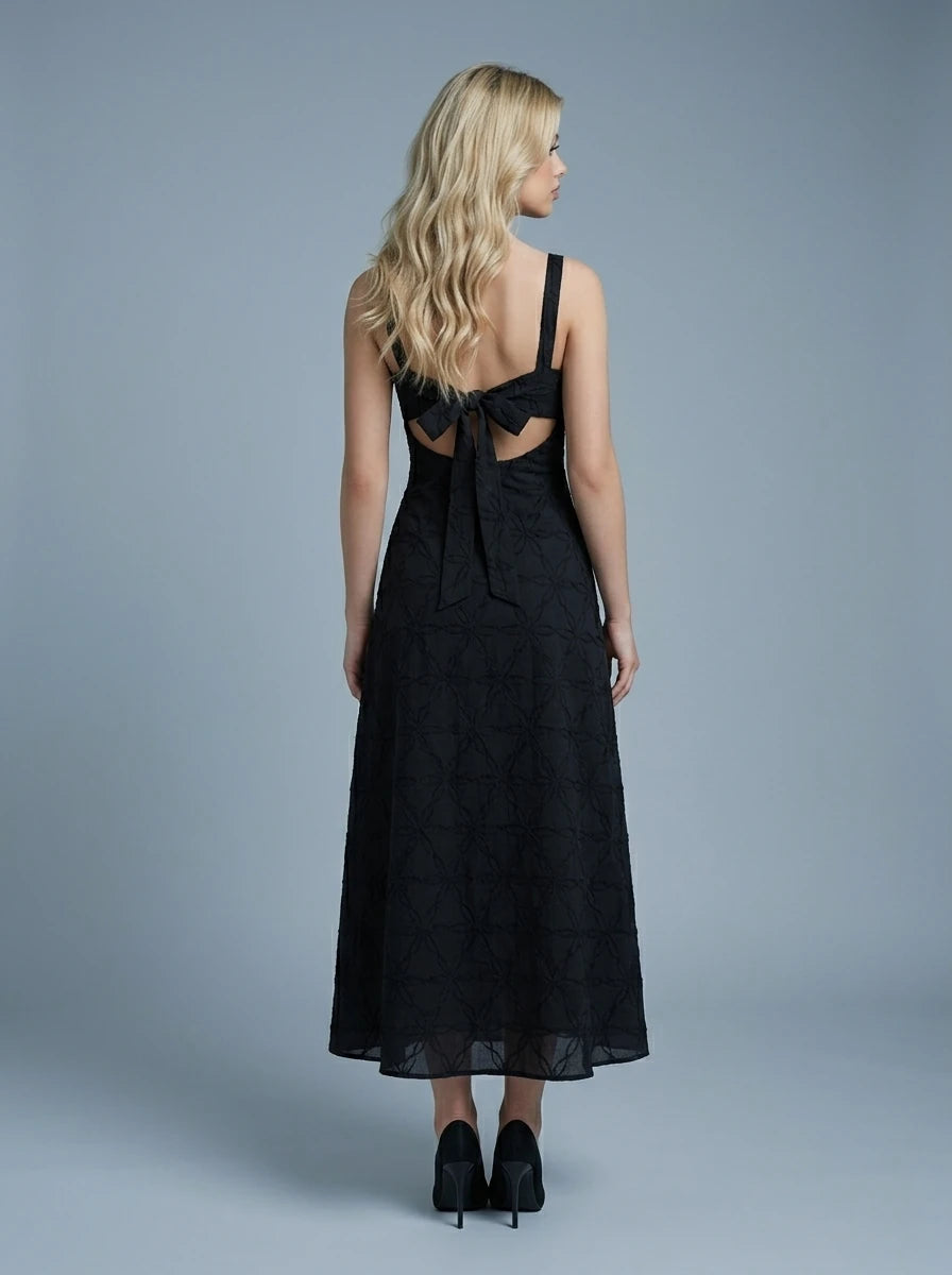 Textured Floral Embroidery Tie Back Maxi Dress - Black Secondary image
