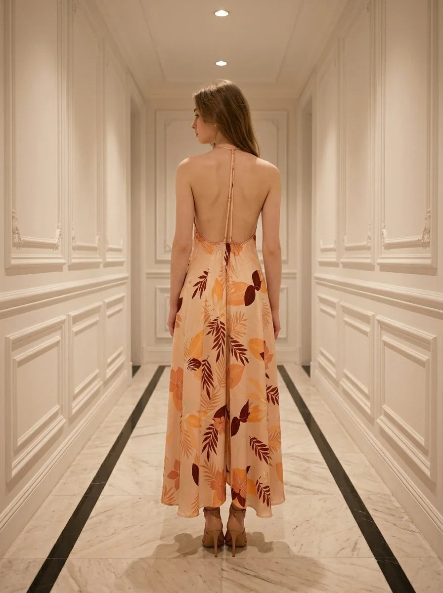 Peach Tropical Leaf Asymmetric V-Neck Midi Dress Secondary image