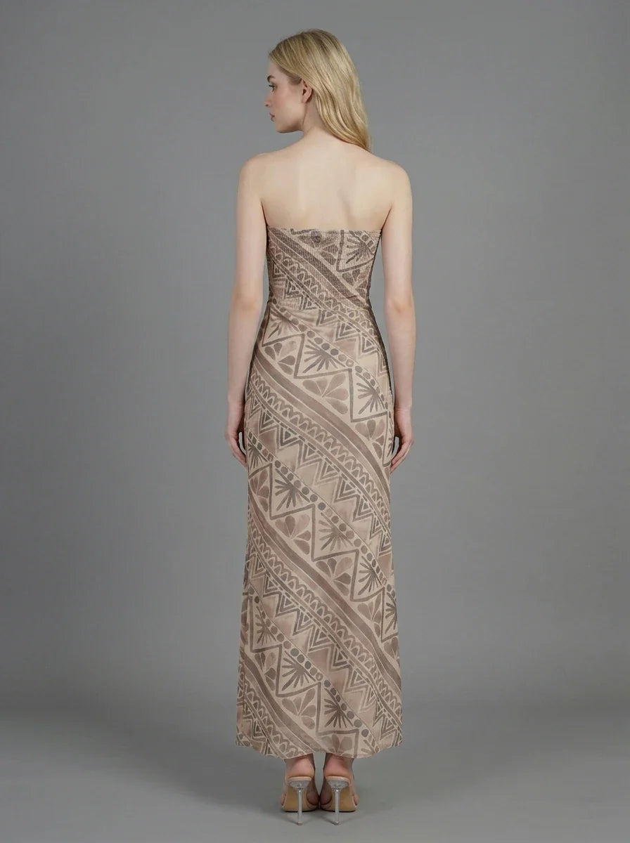 Tan Geometric Print Strapless Mesh Midi Dress