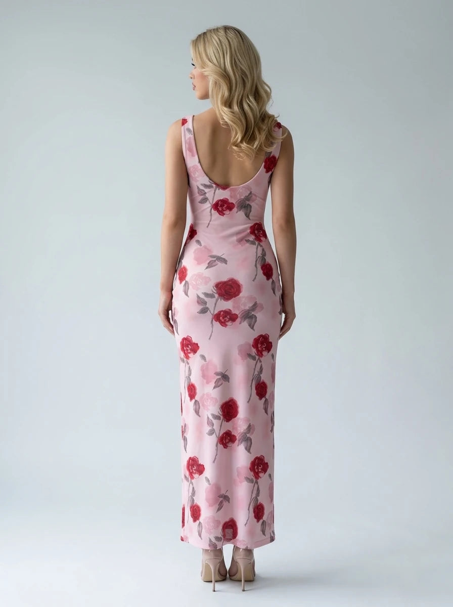 Floral Print Bodycon Sleeveless Maxi Dress - Pink Secondary image