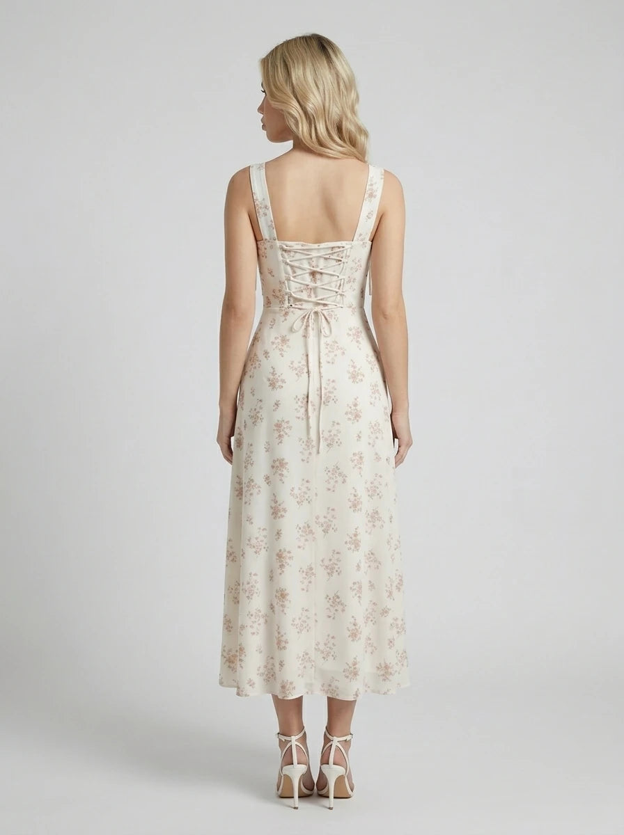 Floral Tie-Strap Corset Back Midi Dress - Cream Secondary image