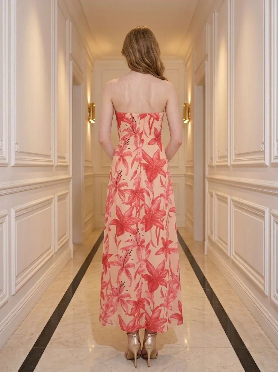 Strapless Floral Maxi Dress in Peach and Coral Secondary image