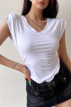Curved Hem Short Top V-Neck Short Sleeved T-Shirt