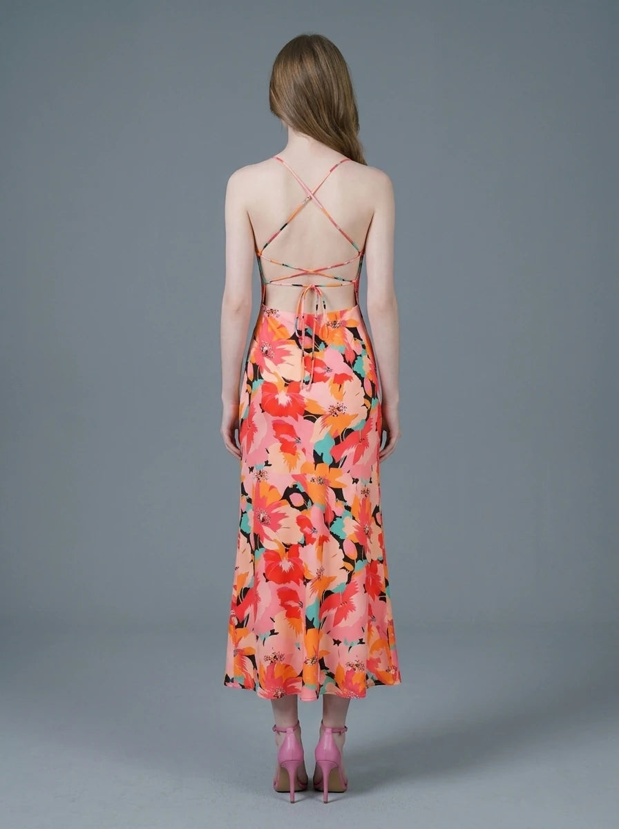 Pink Floral Cowl Neck Satin Midi Dress Secondary image