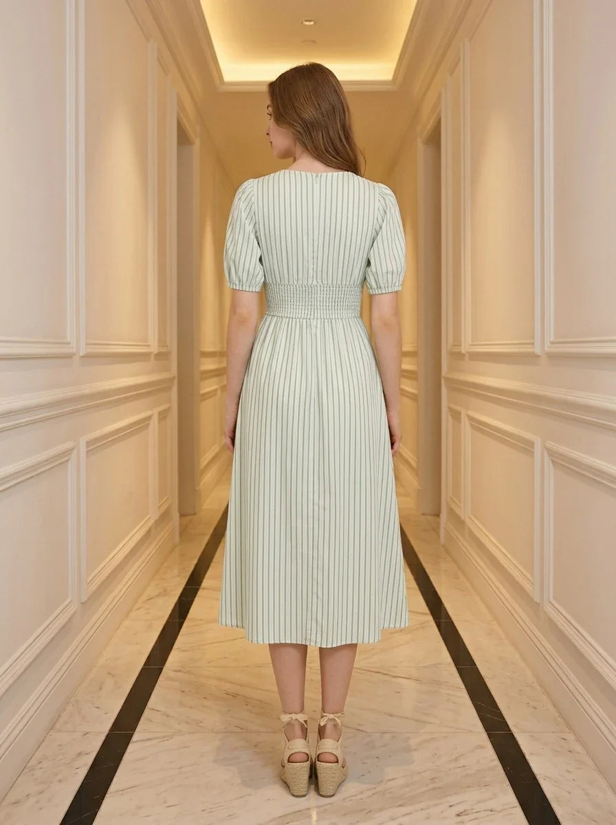 Blue-Green Striped V-Neck Shirred Midi Dress Secondary image