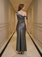 Charcoal Asymmetric Satin Maxi Dress with Split